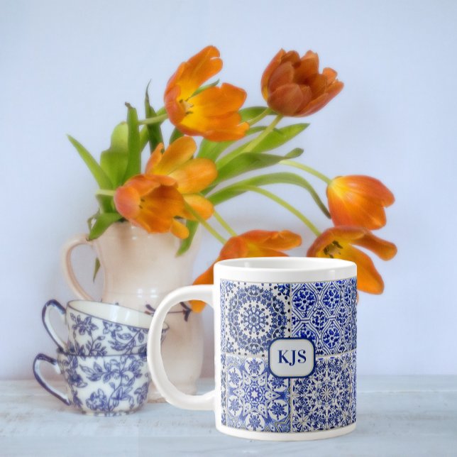 Grande Tasse Carrelage de la campagne - Bleu & Blanc - Initiale (Créateur téléchargé)