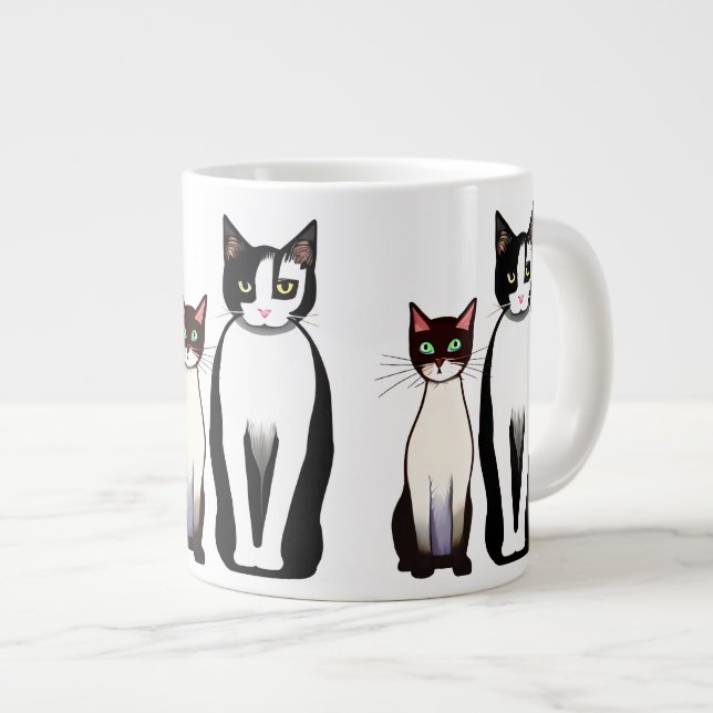 Grande Tasse Chat et chaton noir et blanc rétro moderne (Devant droit)