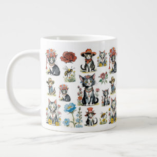 Grande Tasse Chats Whimsical en Casquette avec Fleurs & Abees