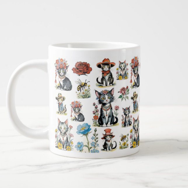 Grande Tasse Chats Whimsical en Casquette avec Fleurs & Abees (Gauche)