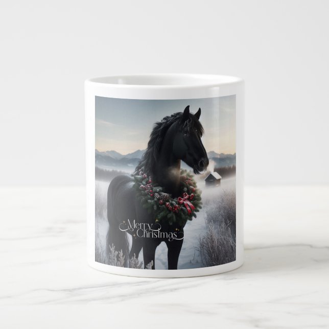 Grande Tasse Cheval noir dans la neige avec couronne de Noël (Devant)