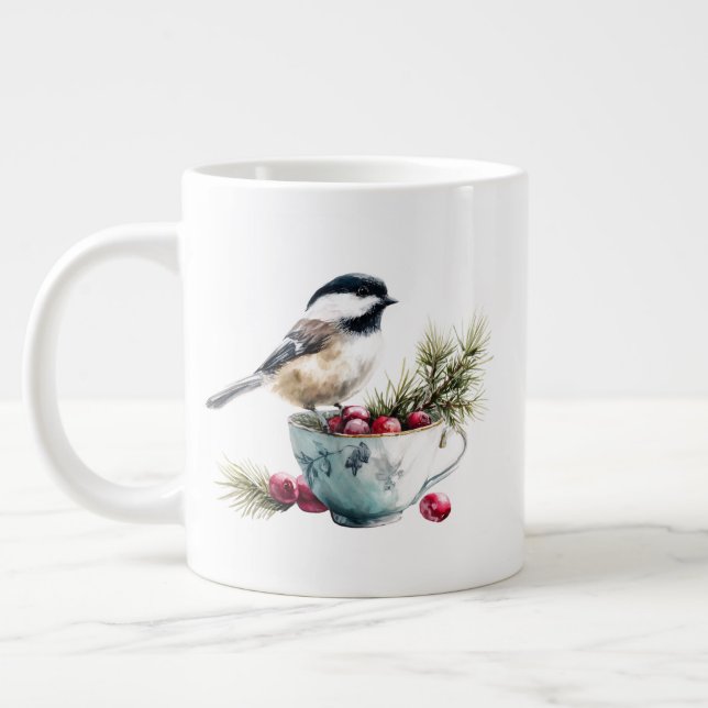 Grande Tasse Chickadee on Teacup With Cranberries (Gauche)
