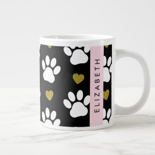 Grande Tasse Chien Paws, White Paws, Gold Hearts, Votre Nom