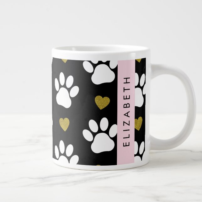 Grande Tasse Chien Paws, White Paws, Gold Hearts, Votre Nom (Droite)
