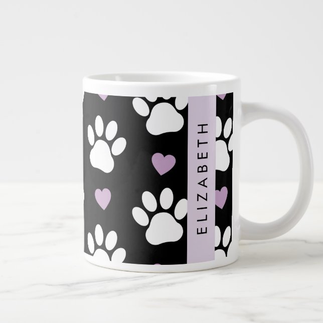 Grande Tasse Chien Paws, White Paws, Lilac Hearts, Votre Nom (Droite)