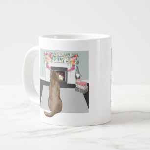 Grande Tasse Chocolat Labrador Chien Noël Cheminée Scène