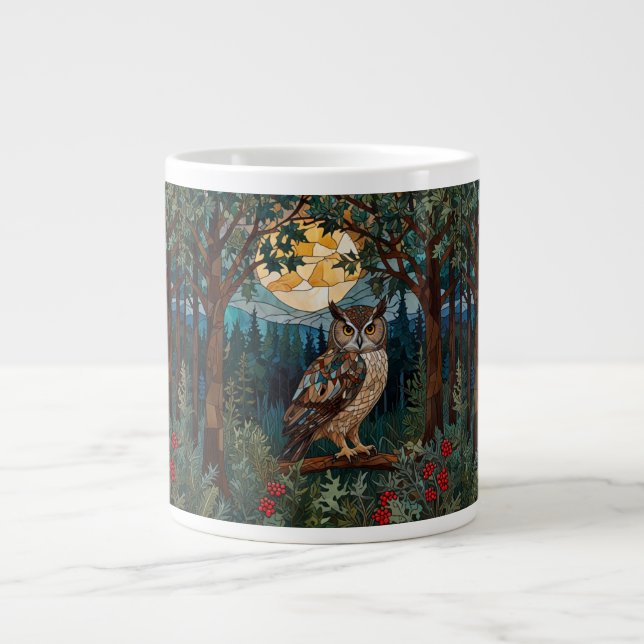Grande Tasse Chouette boho élégant tache de verre forêt boisée (Devant)