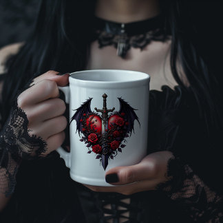 Grande Tasse Cœur gothique avec ailes, épée et roses rouges