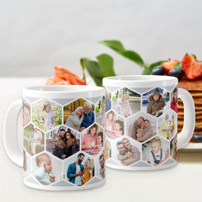 Grande Tasse Collage photo géométrique 17 Photo Silver Grey (Jumbo photo mug with 17 of your favorite pics and silver grey hexagon honeycomb pattern)