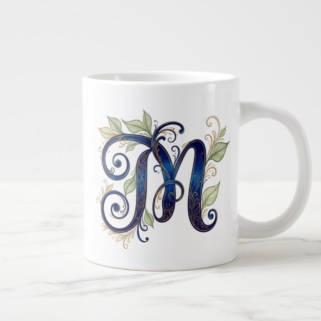 Grande Tasse Cursive M – Elegant Blue & Gold Monogram (Droite)