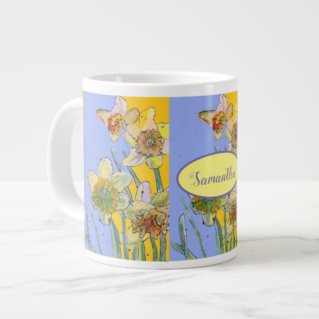 Grande Tasse Daffodil Peinture Aquarelle Jaune Violet fleuri  (Devant gauche)
