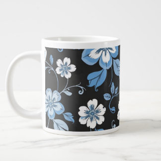Grande Tasse Design Floral Bleu Et Blanc