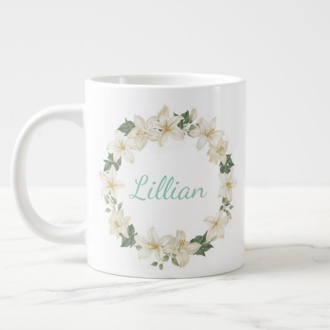 Grande Tasse Elegant Monogram Botanical Lily Design   (Gauche)