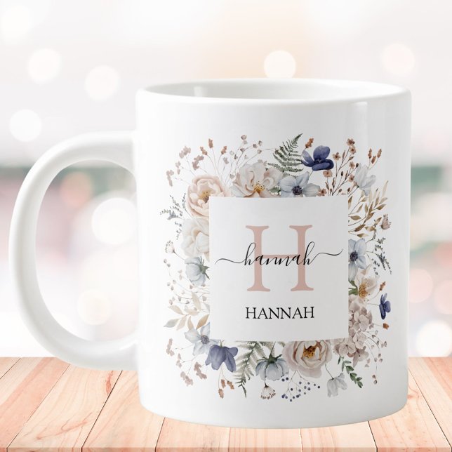 Grande Tasse Elegant Monogram Pretty Beige Blue Flowers Floral (In situ)