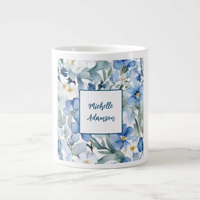 Grande Tasse Elégante Fleurs Bleues Bleues Bleues Rétro (Devant)