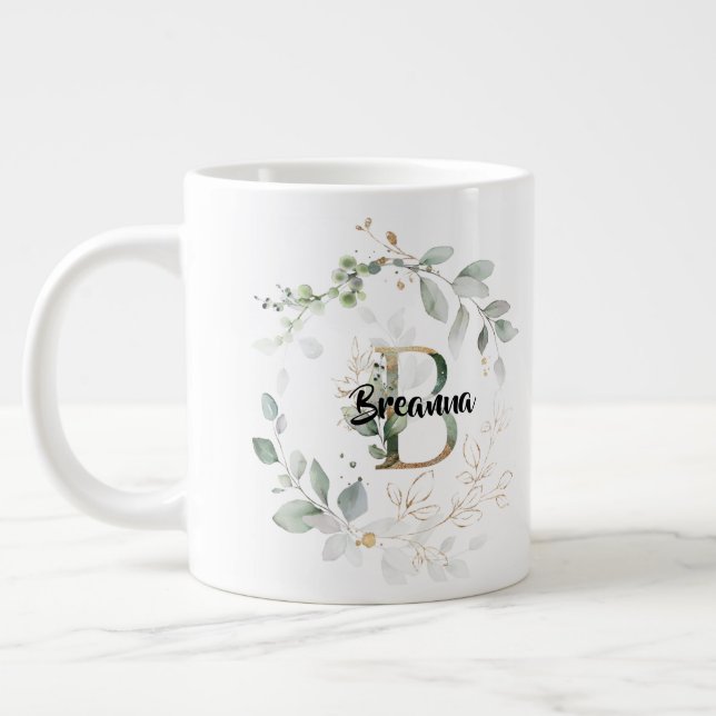 Grande Tasse Élégante verdure Monogramme de couronne initiale " (Gauche)
