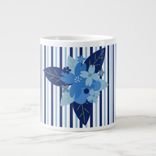 Grande Tasse Élégantes rayures florales monochromatiques bleu