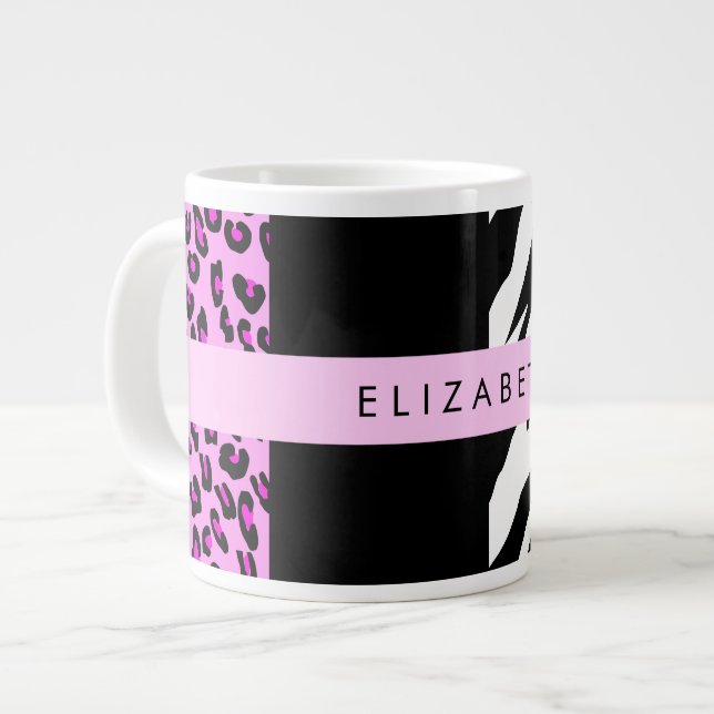 Grande Tasse Empreinte de léopard, Zebra Print, Rose, Votre nom (Devant gauche)