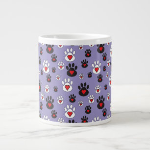 Grande Tasse Empreintes de pattes aux coeurs rouges sur bleu