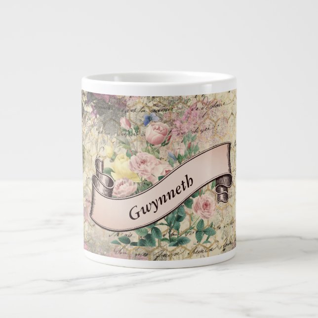 Grande Tasse Ephémère florale avec Motif de ruche et nom (Devant)