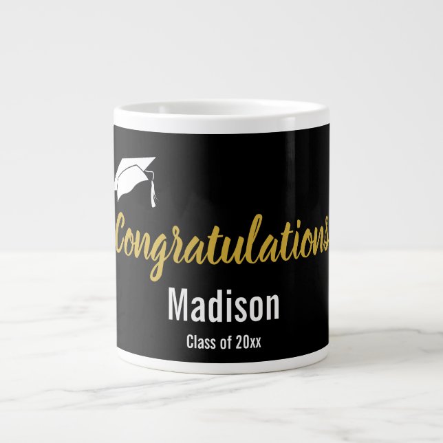 Grande Tasse Félicitations Black White et Gold Graduate Name (Devant)