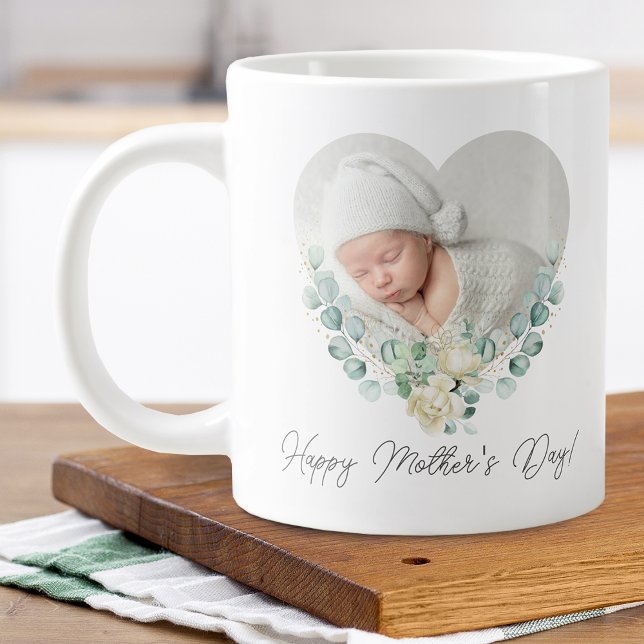 Grande Tasse Fête des mères 2 Photo Coeur floral (Mother's Day 2 Photo Floral Heart Giant Coffee Mug)