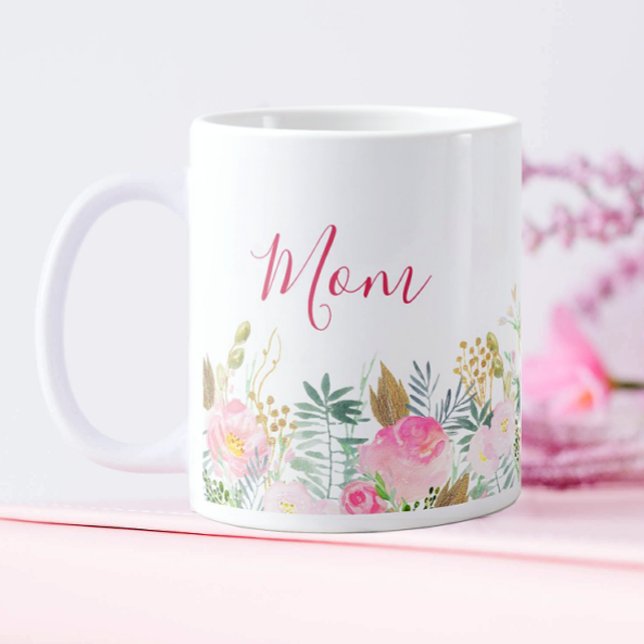 Grande Tasse Fête des mères florales roses (Pink Floral Coffee Mug for Mom)