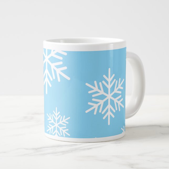Grande Tasse Fête festive Flocons de neige blancs Fond bleu cla (Devant droit)