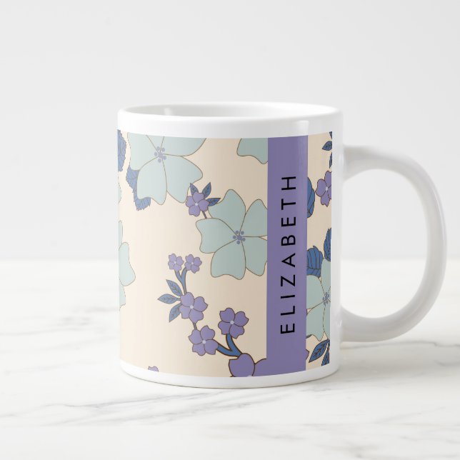 Grande Tasse Fleurs Bleues, Fleurs Violettes, Floral, Votre Nom (Droite)