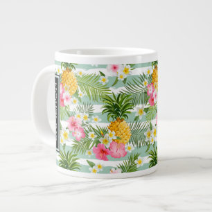 Grande Tasse Fleurs et ananas Turquoises  Ajouter votre nom