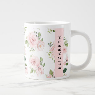 Grande Tasse Fleurs roses, Roses, Fleurs Aquarelles, Votre Nom