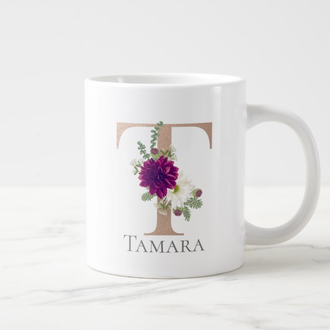Grande Tasse Floral Alphabet, lettre de nom personnalisée "T" (Droite)