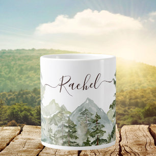 Grande Tasse Forêt de pins et montagne rustique à l'aquarelle
