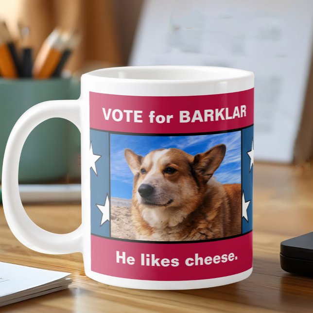 Grande Tasse Funny Pet Photo Campagne électorale Blague politiq (Vote for laughs! Custom pet photo mug for caffeine-fueled campaign chaos and write-in fun.)