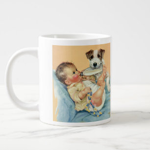 Grande Tasse Garçon mignonne vintage avec bouteille et Chien ch