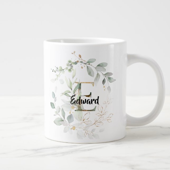 Grande Tasse Green w Gold Feuille Monogramme initial "E" Nom (Droite)
