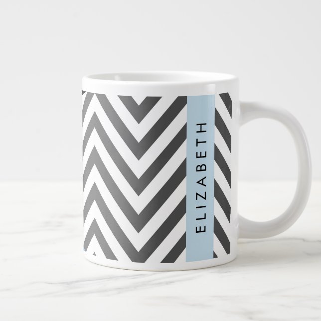 Grande Tasse Grey Zigzag, Grey Chevron, Bleu, Votre Nom (Droite)