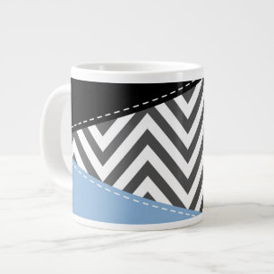 Grande Tasse Gris Zigzag, Gris Chevron, Motif Zigzag, Bleu