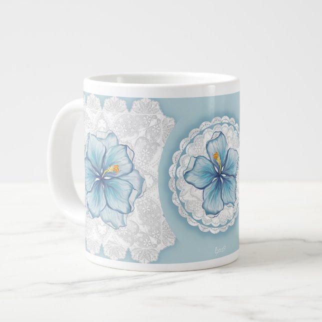 Grande Tasse Hibiscus & dentelle TURQUOISE (Devant gauche)