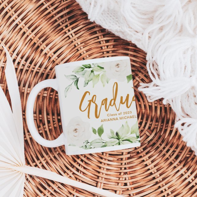 Grande Tasse Joli Blanc Floral Graduate Script 2024 Deux côtés (Créateur téléchargé)