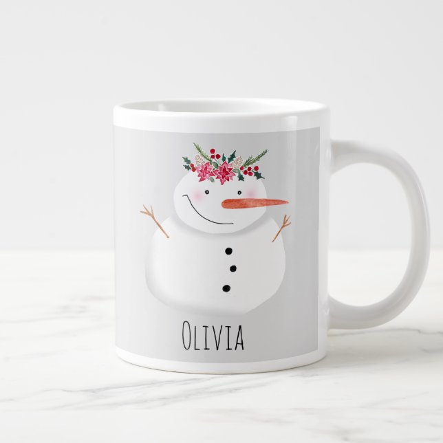 Grande Tasse Joli bonhomme de neige de Noël avec fleurs et nom (Droite)