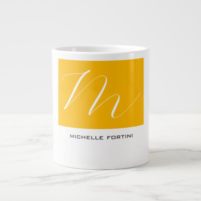 Grande Tasse Joli Monogramme Jaune Blanc Moderne Plaine (Devant)