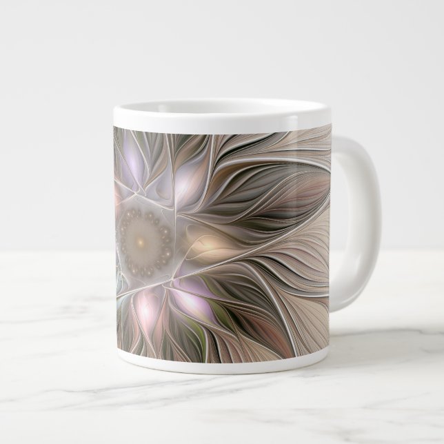 Grande Tasse Joyeuse Fleur Abstrait Beige Brown Floral Fractal (Devant droit)