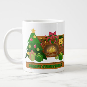 Grande Tasse Joyeux Noël près de la cheminée bonfire xmas arbre