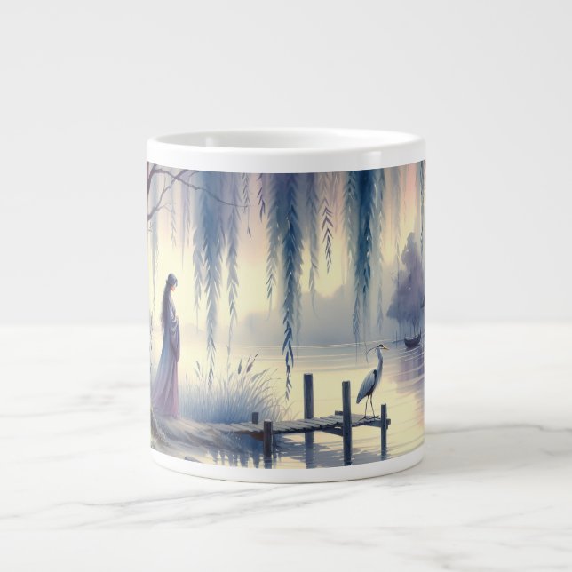 Grande Tasse Lac Serene Imaginaire avec saule et héron (Devant)