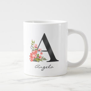 Grande Tasse Lettre Monogramme noir Floral rouge pourpre vert