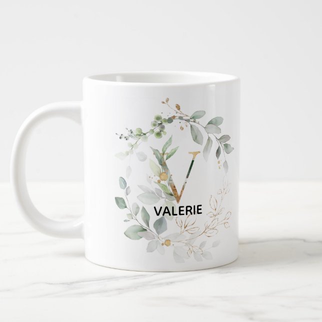 GRANDE TASSE LETTRE MONOGRAPHIQUE V FEUILLE VERTE INITIALE (Gauche)