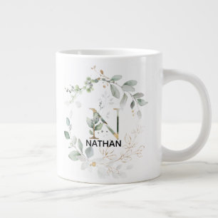 Grande Tasse Lettre N Monogramme initial Courbe verte avec or