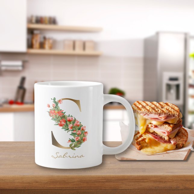 Grande Tasse Lettre S Monogramme Or Floral Orange (Créateur téléchargé)