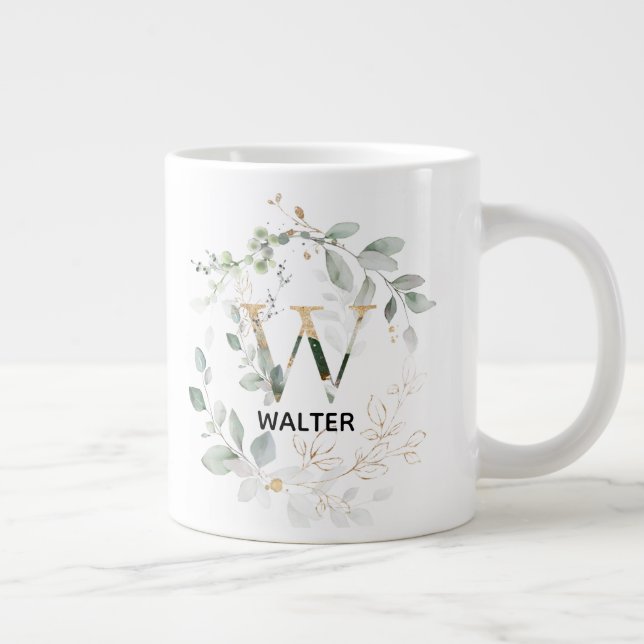 Grande Tasse Lettre W initiale des Feuilles verts Monogramme de (Droite)